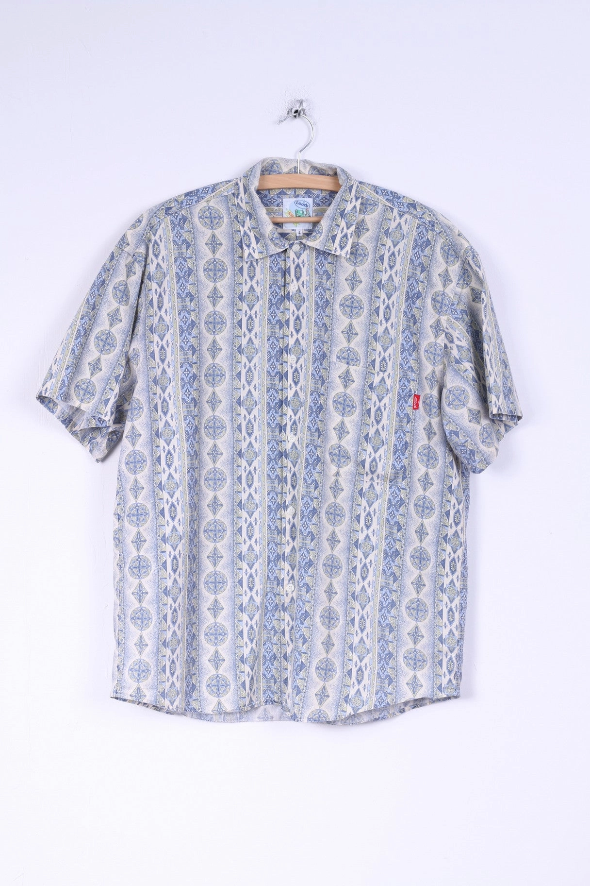 Non-Iron Loock Mens 4 M Casual Shirt Cotton Aztec Pattern Blue Short Sleeve