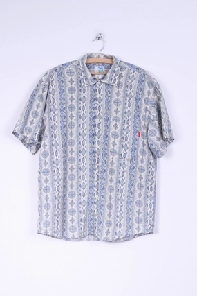 Non-Iron Loock Mens 4 M Casual Shirt Cotton Aztec Pattern Blue Short Sleeve