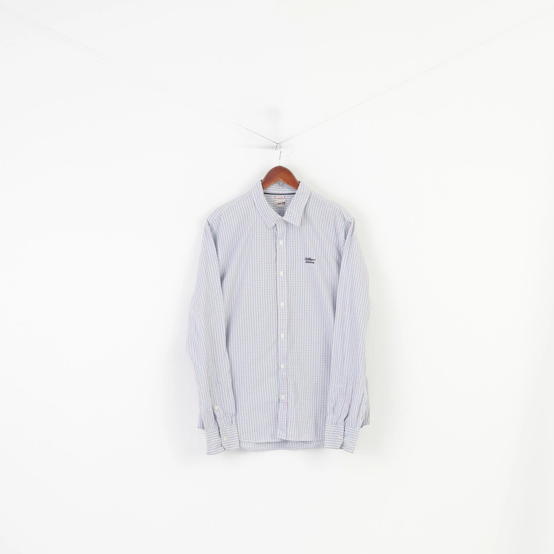 Hilfiger Denim Men XL L Casual Shirt Checkered Long Sleeve Cotton Blue Top Holiday Gift Work From Home