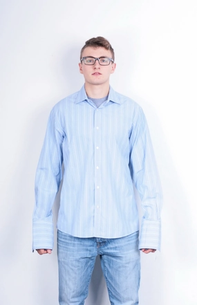Relaxed Style Sustainable Material Jaeger Mens 16.5 M Formal Shirt Striped Blue Cotton Slim Fit Cufflinks