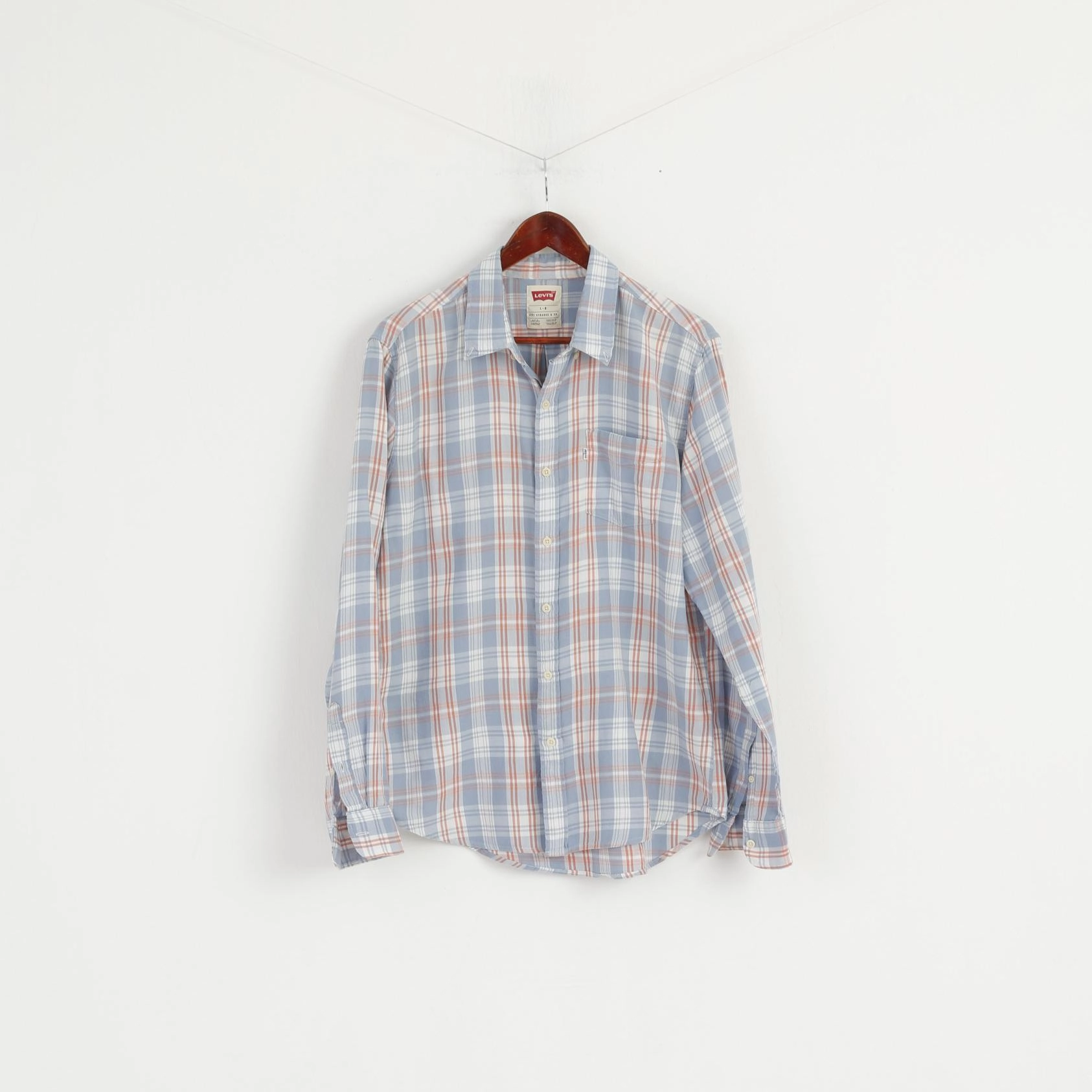Minimalist fashion Levi's Men L Casual Shirt Blue Soft Cotton Check Pocket Long Sleeve Top