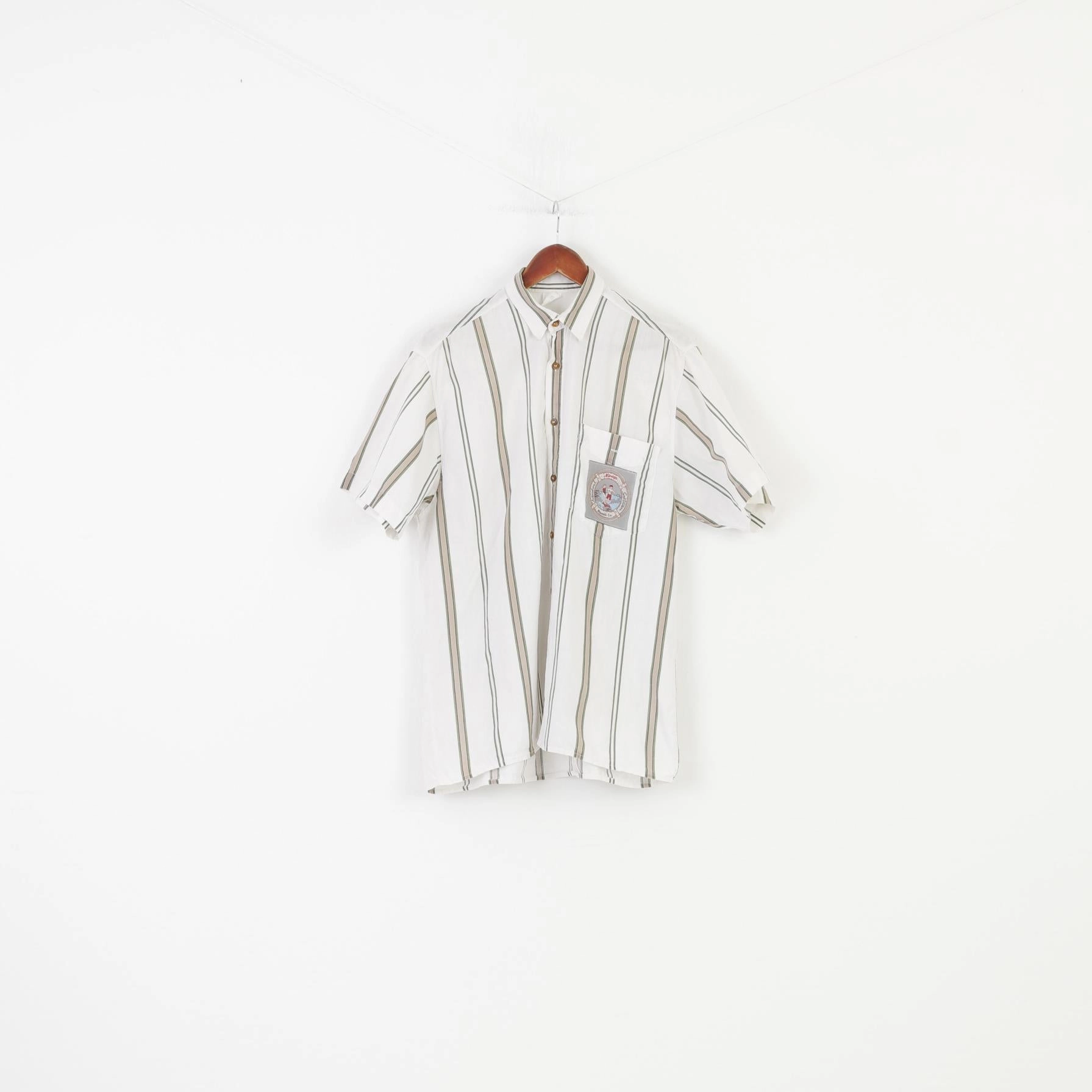 Vintage 37/38 M Men Casual Shirt Hawaii Striped White Cotton Short Sleeve Sportwear Collar Summer Top Casual Elegance Checkered Style