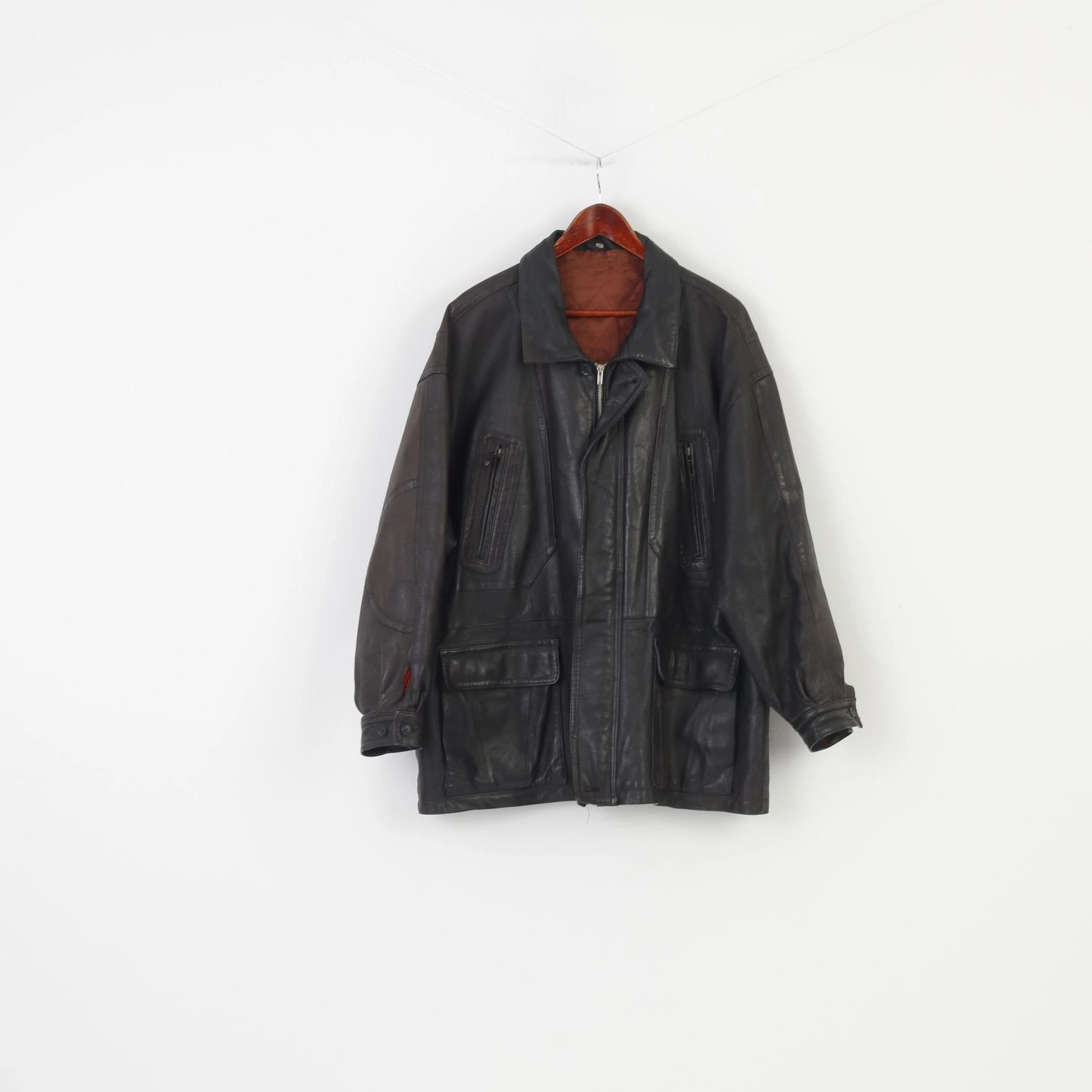 Vintage Men 27 XXL Leather Jacket Dark Brown Vintage Biker Full Zipper Pockets Outwear Top Fall Friendly