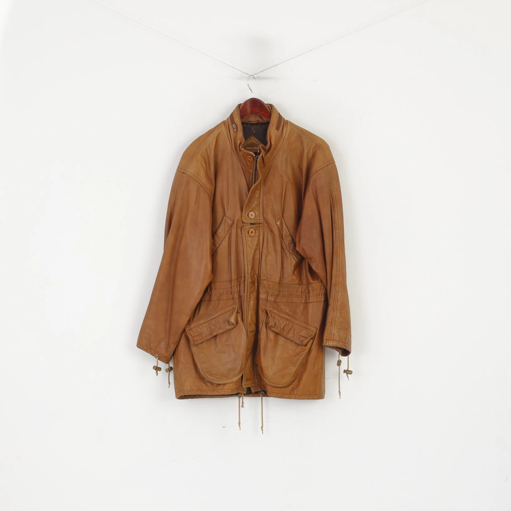 Vintage Men 38 48 M Long Jacket Camel Zip Up Leather Parka Hidden Hood Top type Heal