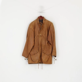 Vintage Men 38 48 M Long Jacket Camel Zip Up Leather Parka Hidden Hood Top type Heal