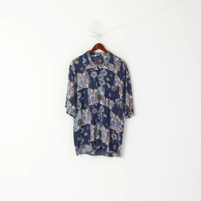 Vintage Men 42 176/182 L Casual Shirt Navy Short Sleeve Abstract Print Retro Top Minimalist Design