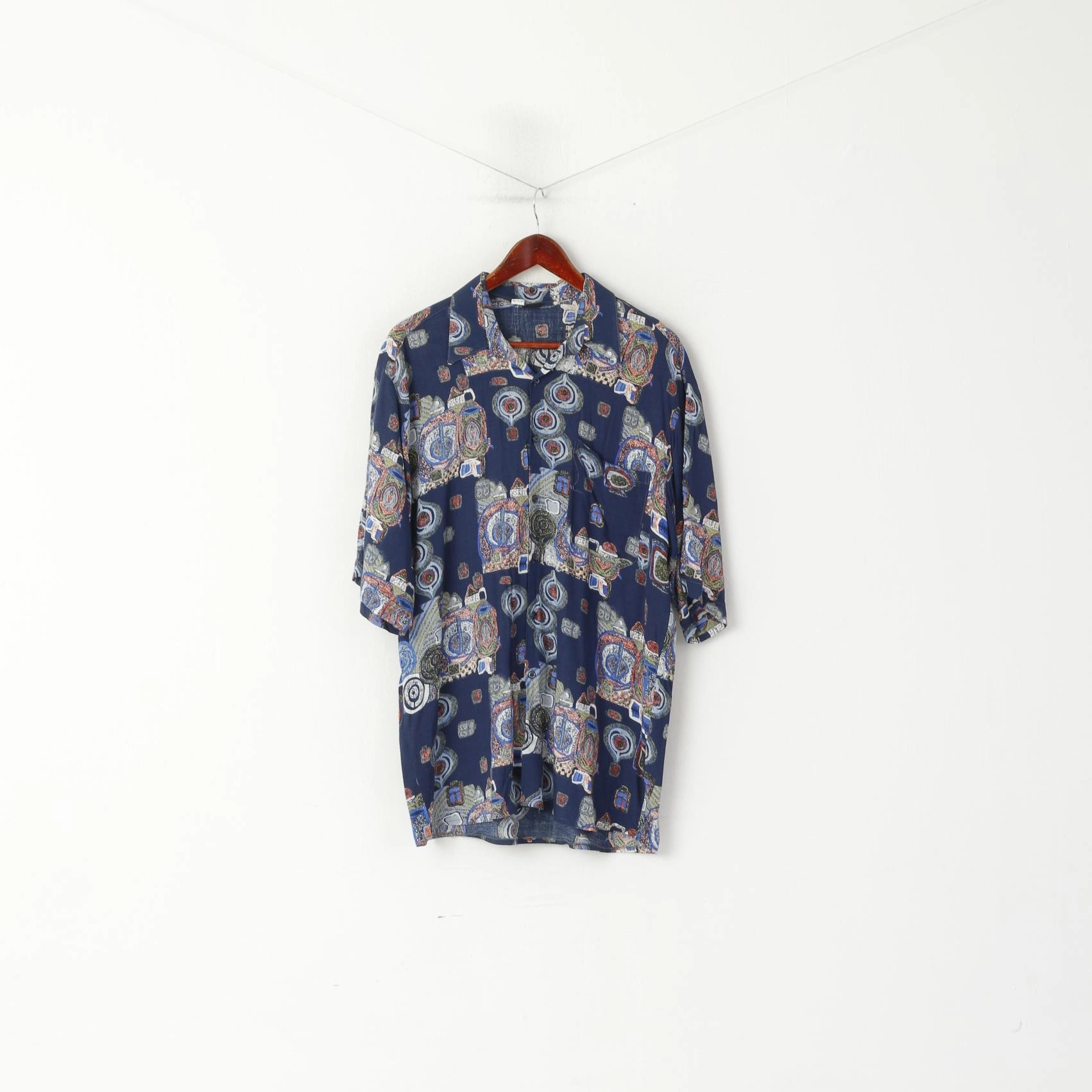 Vintage Men 42 176/182 L Casual Shirt Navy Short Sleeve Abstract Print Retro Top Minimalist Design