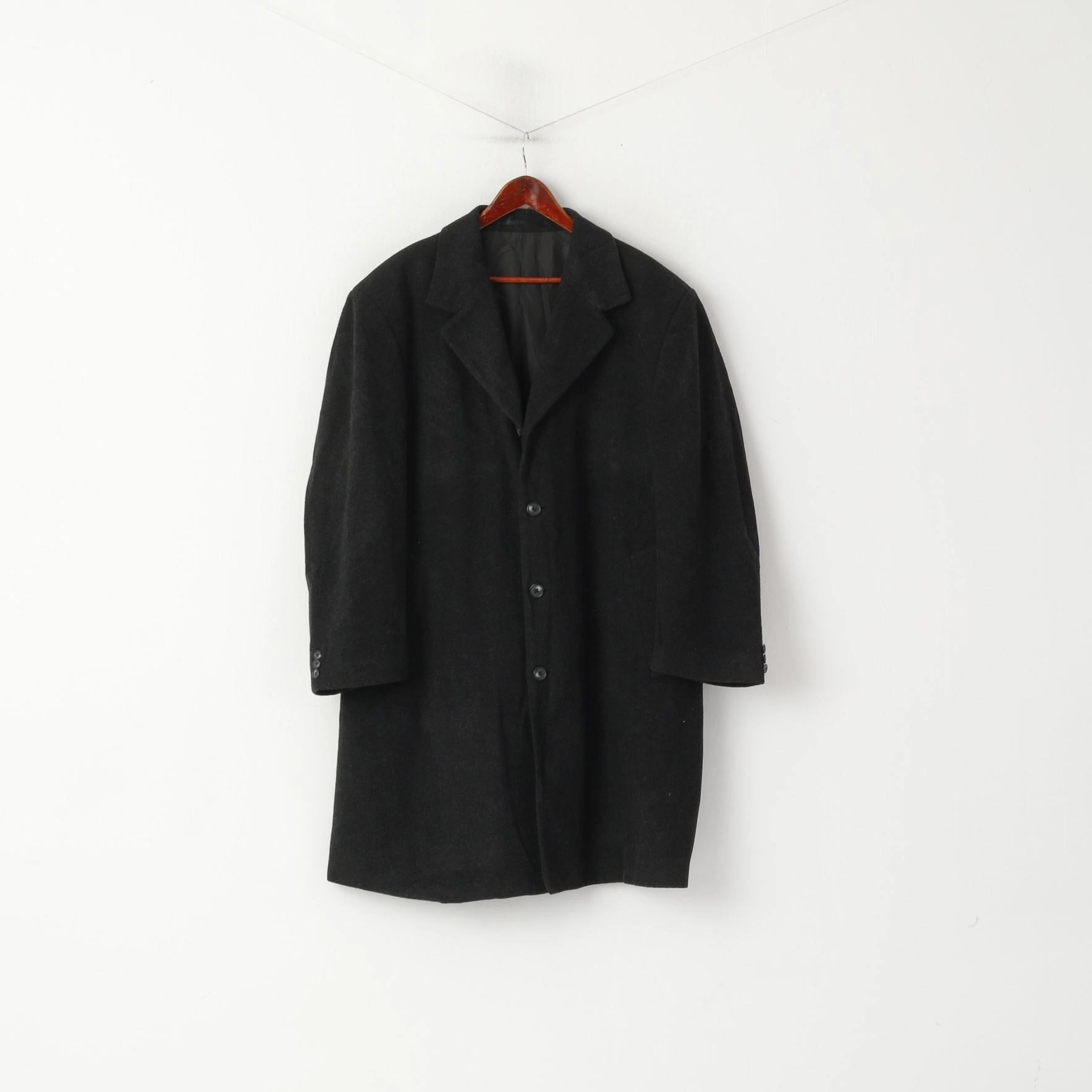 Vintage Men 58 48 XL Coat Charcoal Wool Cashmere Blend Single Breasted Classic Build