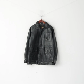 Vintage Men L Jacket Black Leather Casual Shoulder Pads Italy Full Zipper Classic To Reflective Trim