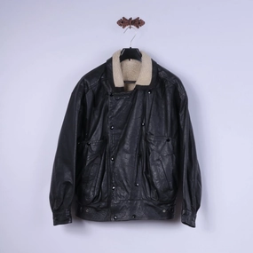 Vintage Men L Jacket Black Vintage Bomber Leather Sherling Lined Snaps Biker Top Situation