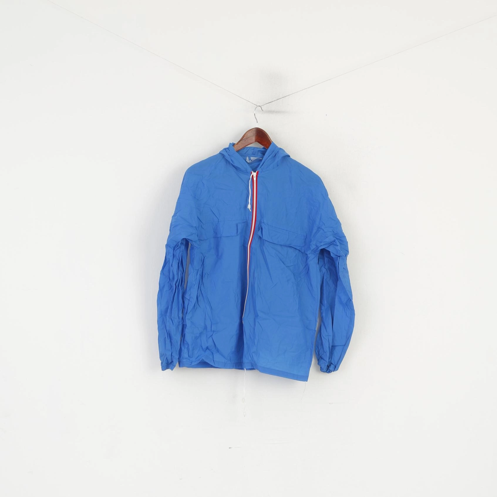 Vintage Men S Jacket Blue Nylon Waterproof Hooded Full Zip Rain Top Printed Double Layered Edging