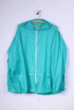 Vintage Mens L Rain Jacket Waterproof Nylon Green Hooded Full Zipper Button Contribute