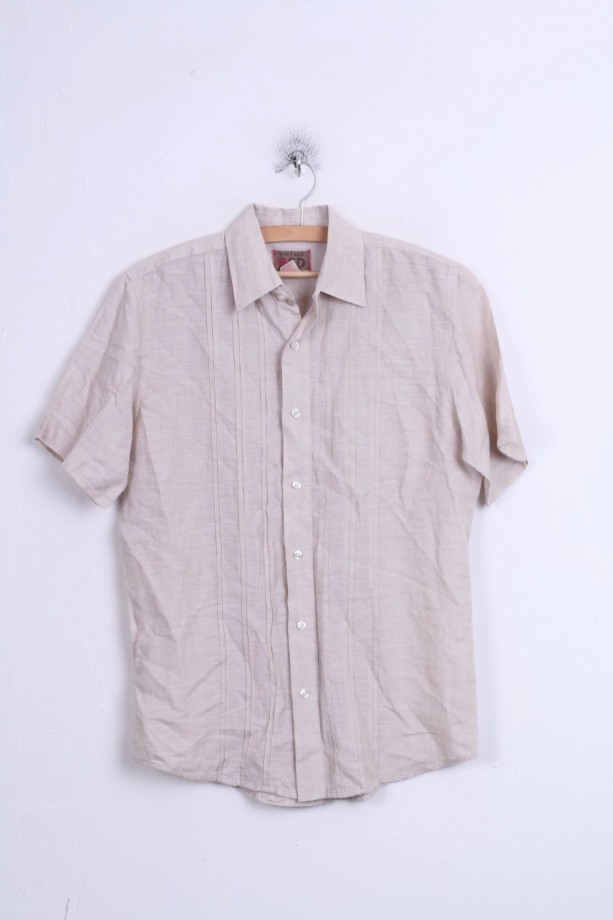 Vintage RED Mens S Casual Shirt Beige Linen Short Sleeve Errand Ready Workwear Ready