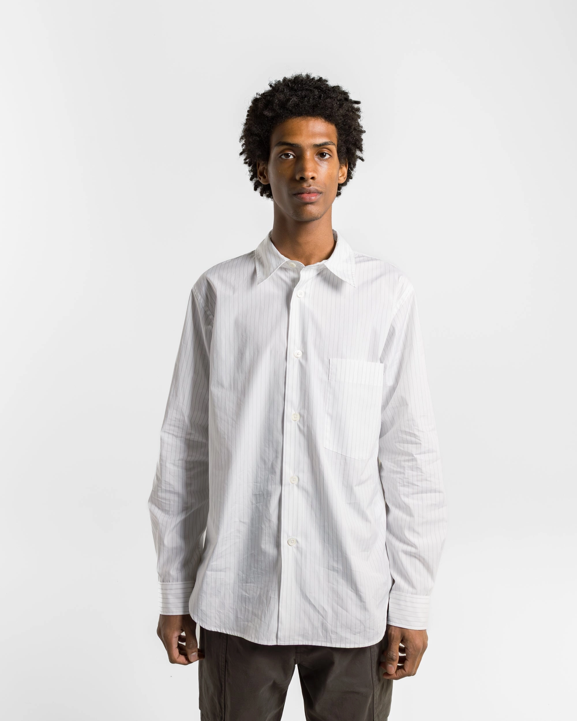 Lightweight texture Basic Shirt - White/Grey Fine Cotton Stripe