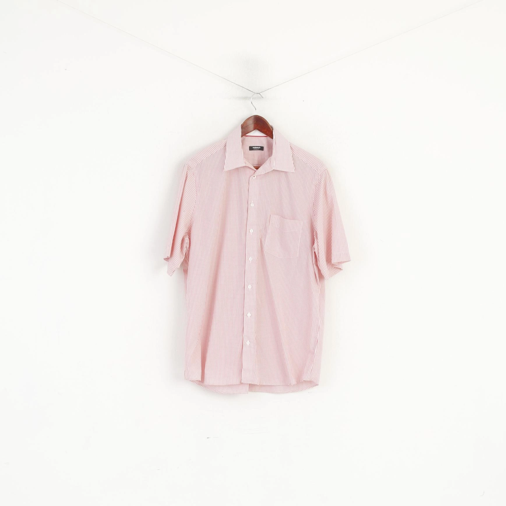 Walbusch Extraglatt Men 41 L Casual Shirt Red Check Cotton Short Sleeve Comfort Fit Top Versatile Outfit