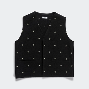 Mid Length Walker Gilet - Felted Black Flowers