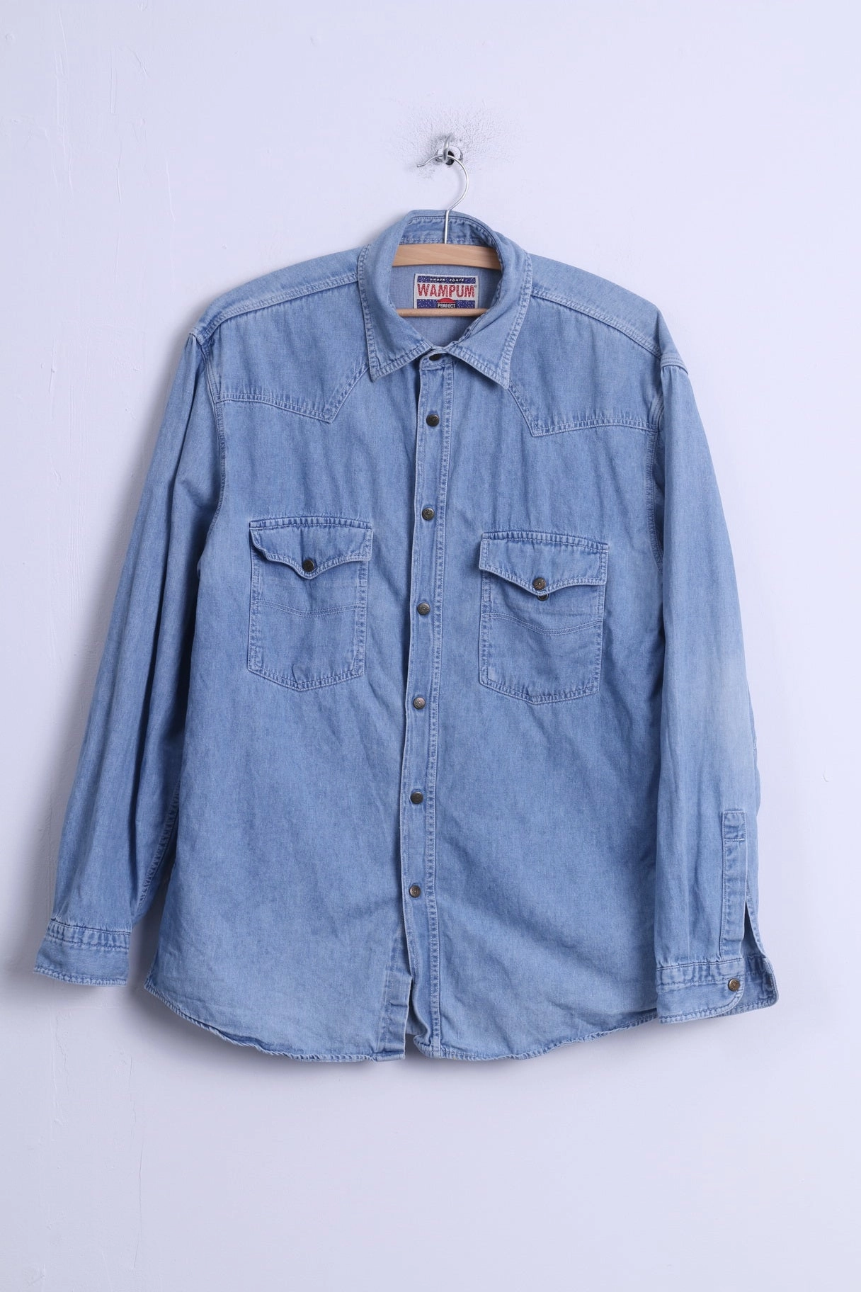 Dynamic Design WAMPUM Mens L (M) Casual Shirt Light Blue Cotton Jeans Vintage Popper Buttons