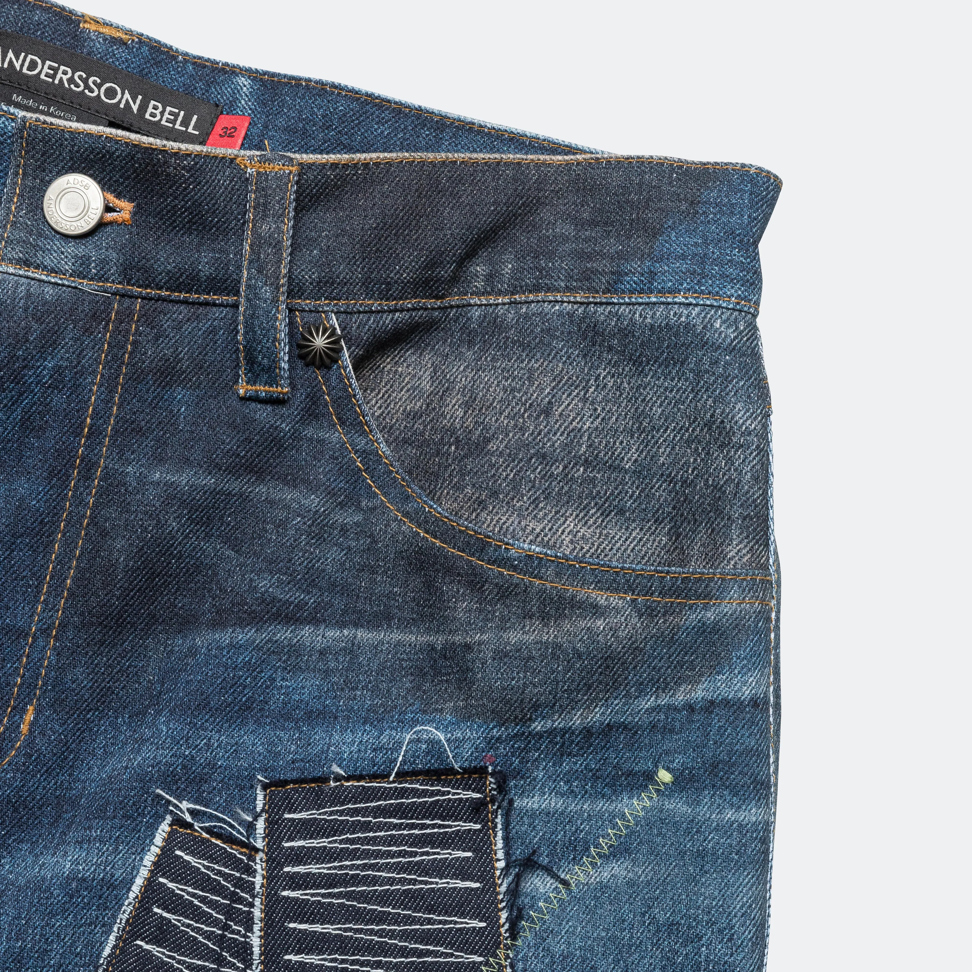 Patchwork Printed Denim Jeans - Blue Classic Wear Textured