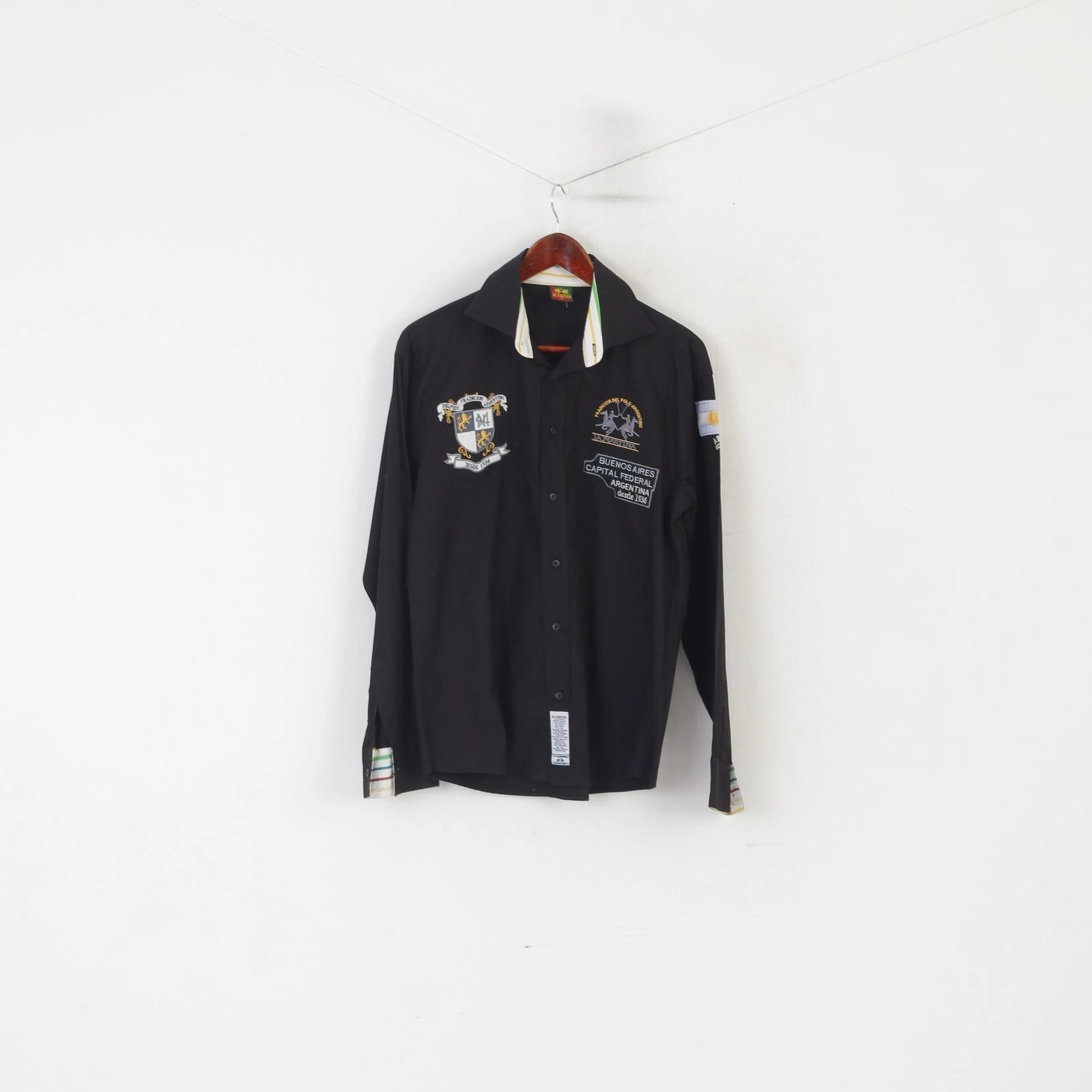 La Martina Men L Casual Shirt Black Cotton Slim Fit Argentino Buenos Aires Long Sleeve Top Eye-Catching Pattern