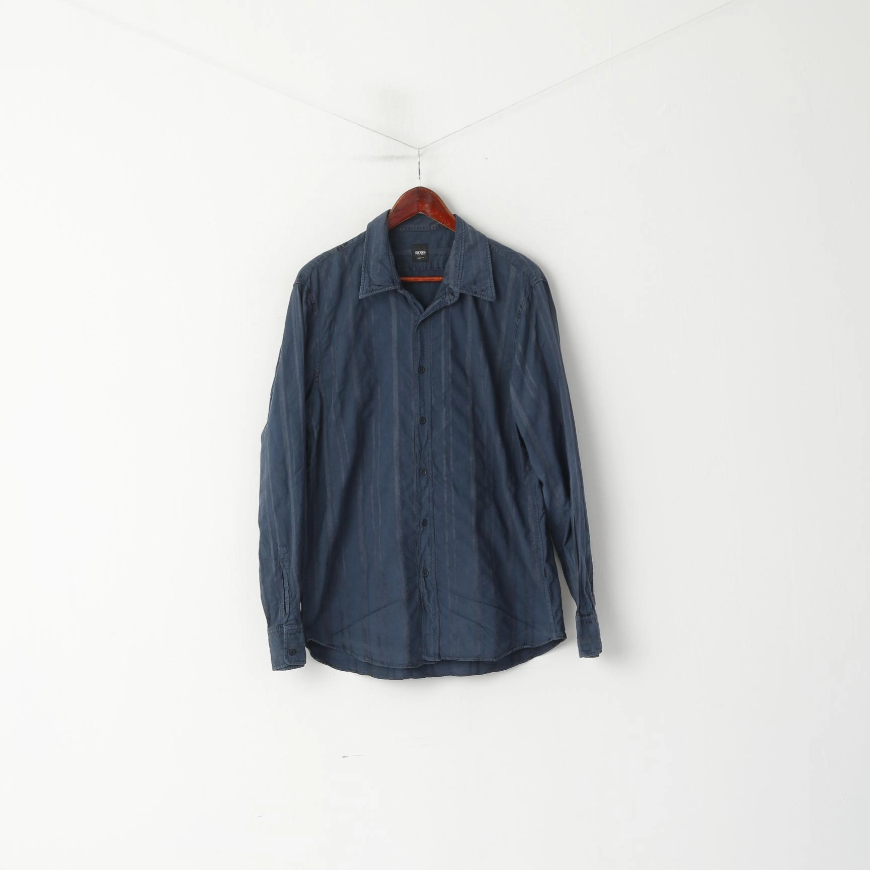 Hugo Boss Men M Casual Shirt Navy Striped Button Down Collar Slim Fit Long Sleeve Top quick dry Minimalist Aesthetic