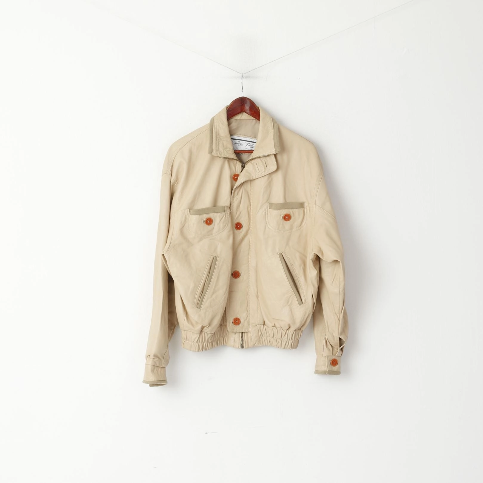 Vintage Men 50 M Leather Jacket Beige Bomber Pockets Vera Pelle Made in Italy Top Event