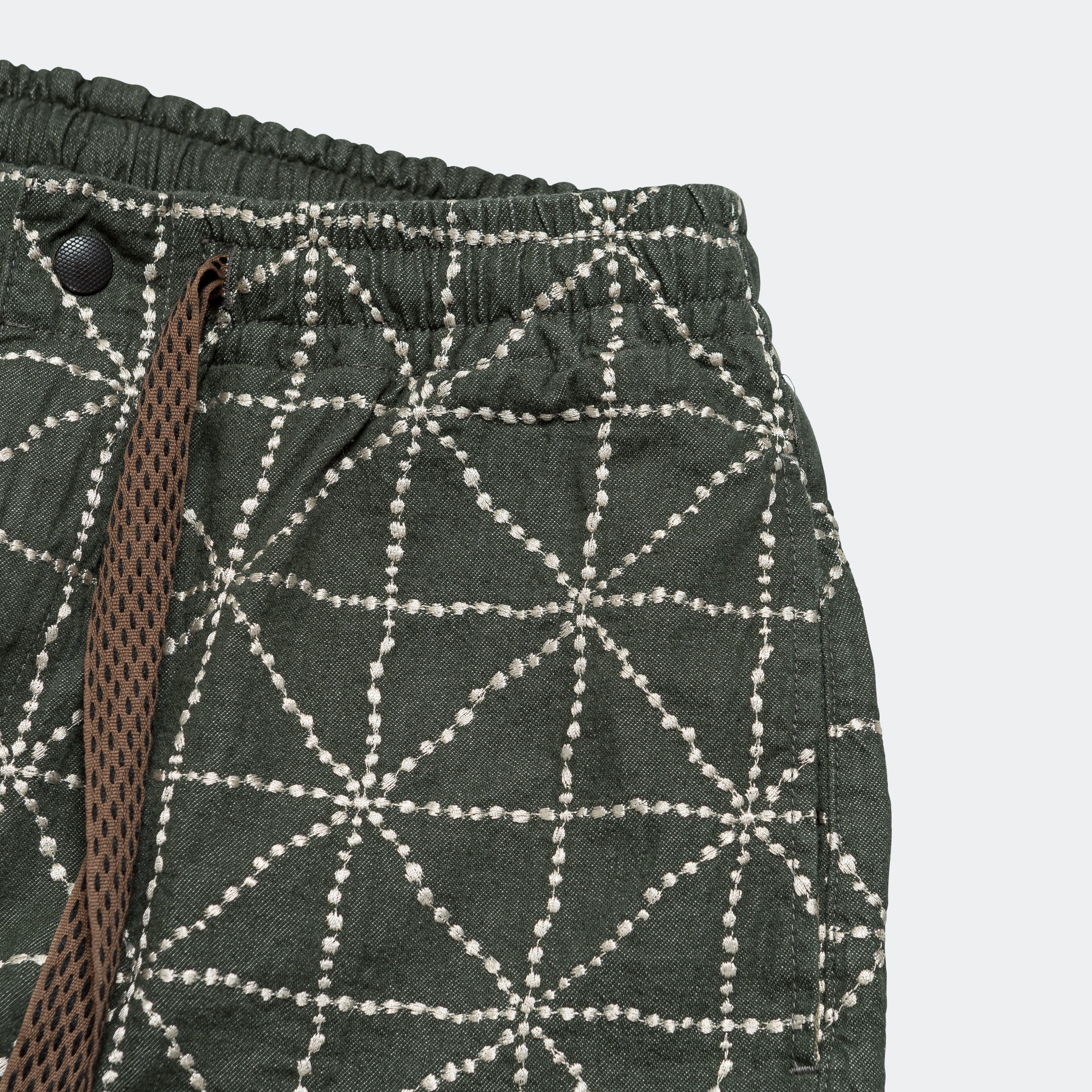 8oz Color Denim FOLK-DOJO Embroidery EASY Pants - Green Fashionable Fit Cool Weather