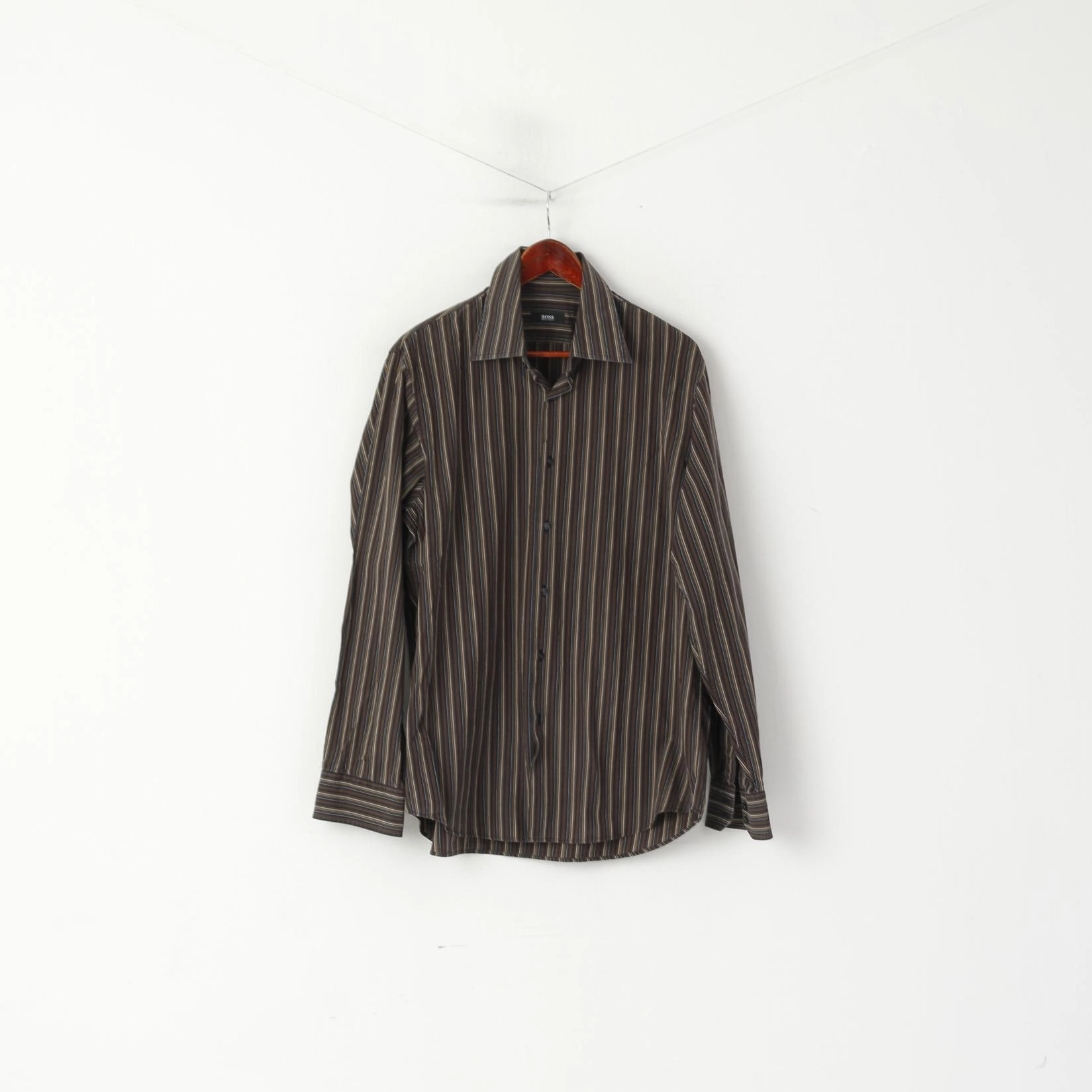 Anti Static Lining Hugo Boss Men 17 43 XL Casual Shirt Brown Cotton Striped Long Sleeved Top