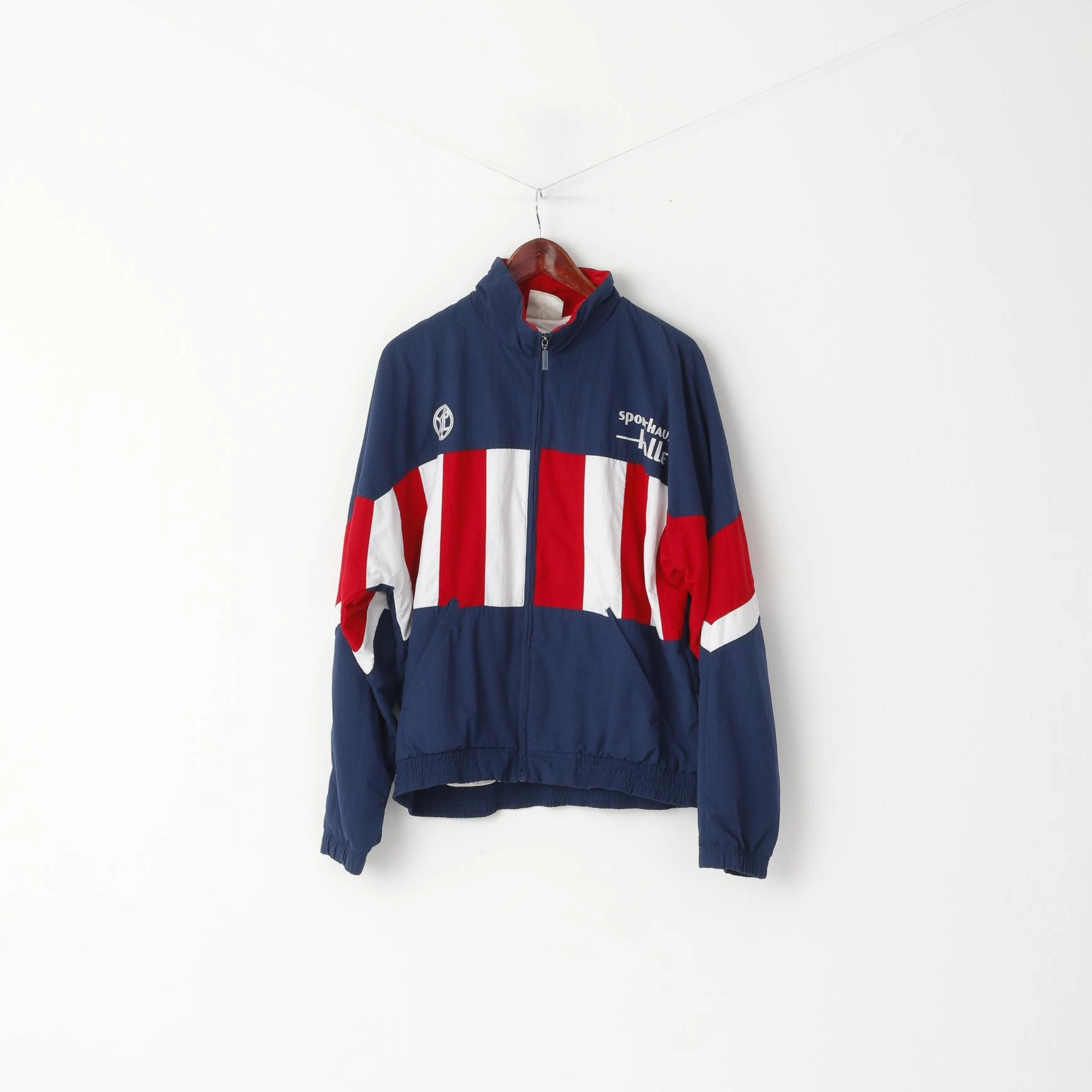 Adidas Men L 186 Jacket Navy Vintage Sparthaus Halle '96 Sportswear Active Zip Up Top Loop Fastened Hood