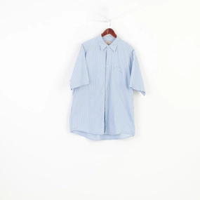 Holiday Gift Logan Men 2XL Casual Shirt Short Sleeve Striped Cotton Blue Racing Classic Elegant Top