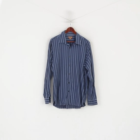 Michael Kors Men XL Casual Shirt Navy Striped Cotton Long Sleeve Top Gradient effect Mix-And-Match