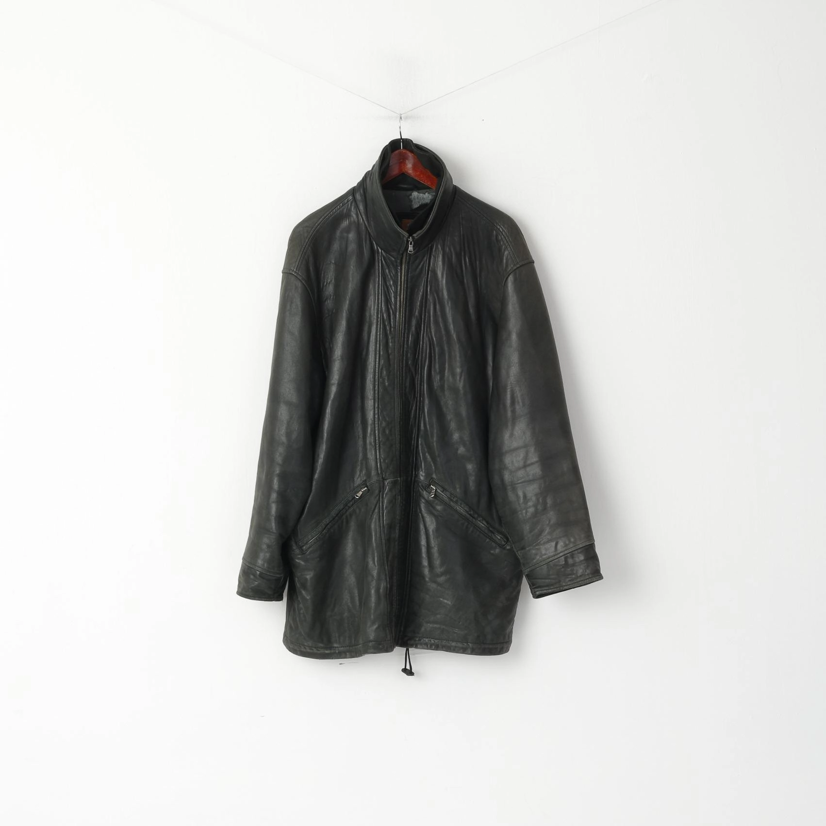 Adapt Pearlwood Men 52 L Leather Jacket Black Soft Washed Look Sportswear Full Zipper Top