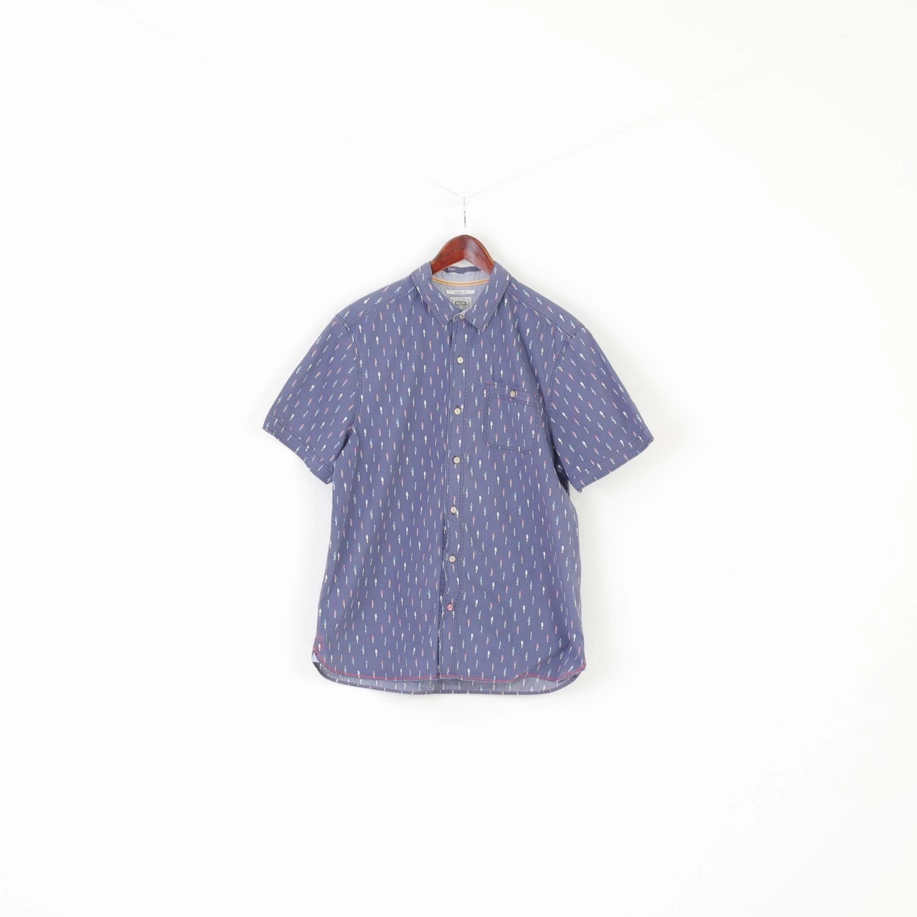 Beach Ready White Stuff Men L Casual Shirt Navy Bike Pattern Cotton Short Sleeve Classic fit Top