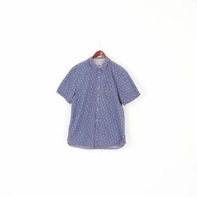 Beach Ready White Stuff Men L Casual Shirt Navy Bike Pattern Cotton Short Sleeve Classic fit Top