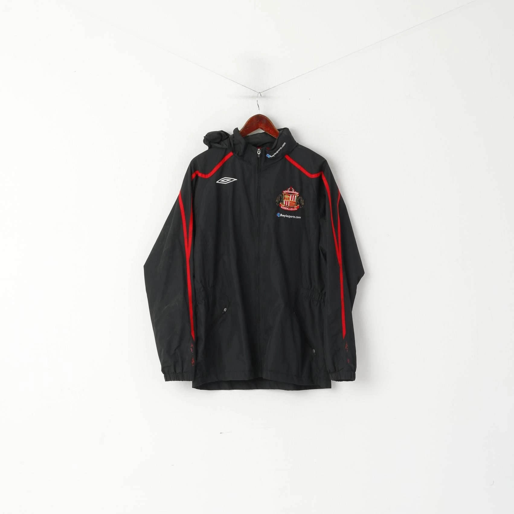 Polyfill Layer Integration Umbro Men L Jacket Black Sunderland A.F.C. Lightweight Hidden Hood Sport Top