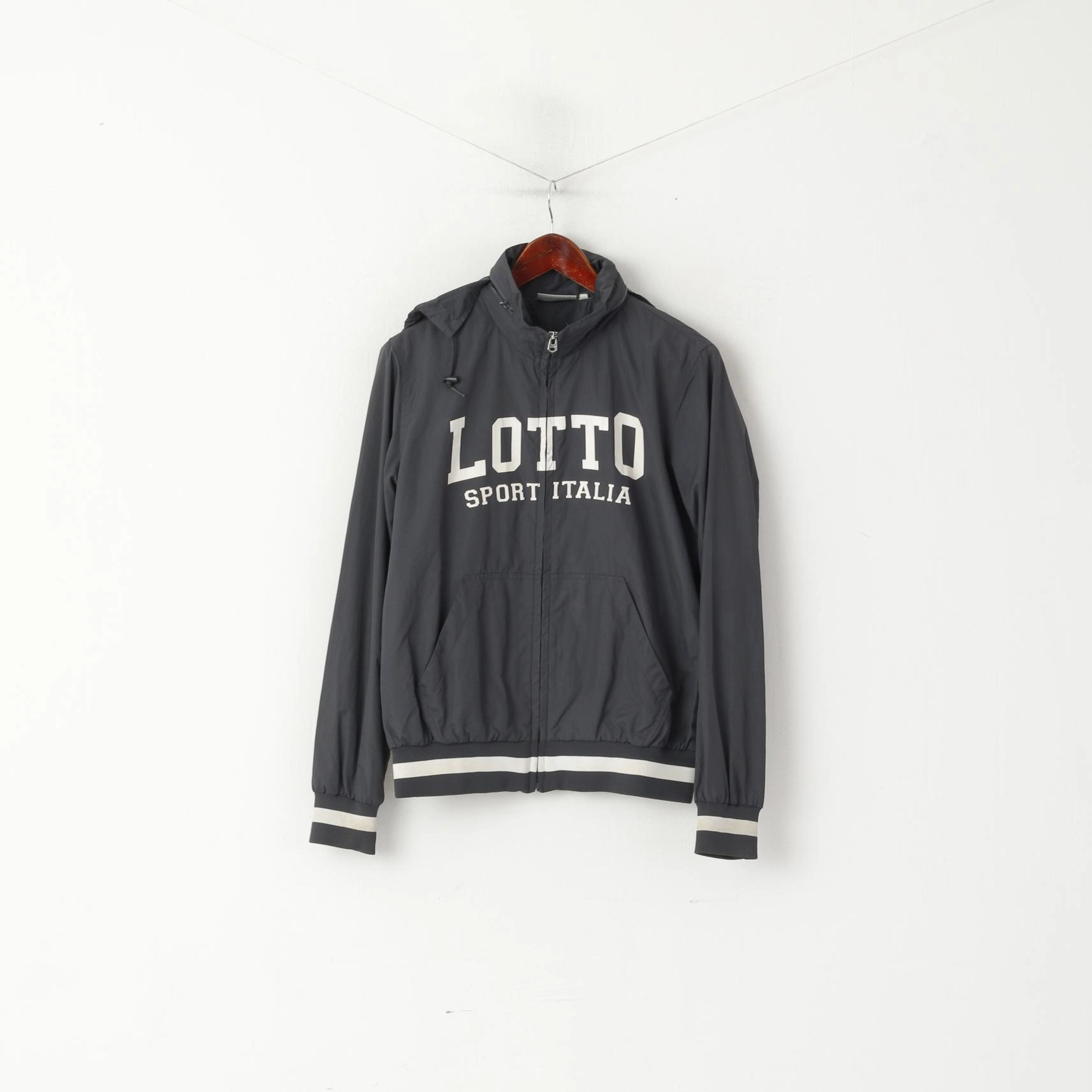 Lotto Italia Men S Jacket Gray Lightweight Sport Hooded Full Zip Sport Top Reflective Safety Details