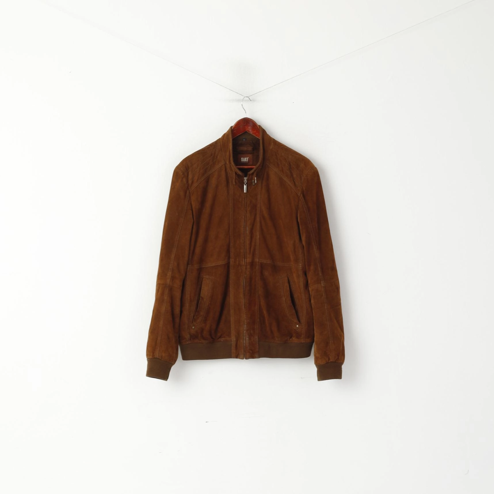 Saki Men 52 L Bomber Jacket Brown Suede Leather Full Zipp Retro Biker Top snowboarder popular among fashionistas