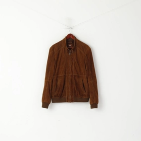 Saki Men 52 L Bomber Jacket Brown Suede Leather Full Zipp Retro Biker Top snowboarder popular among fashionistas