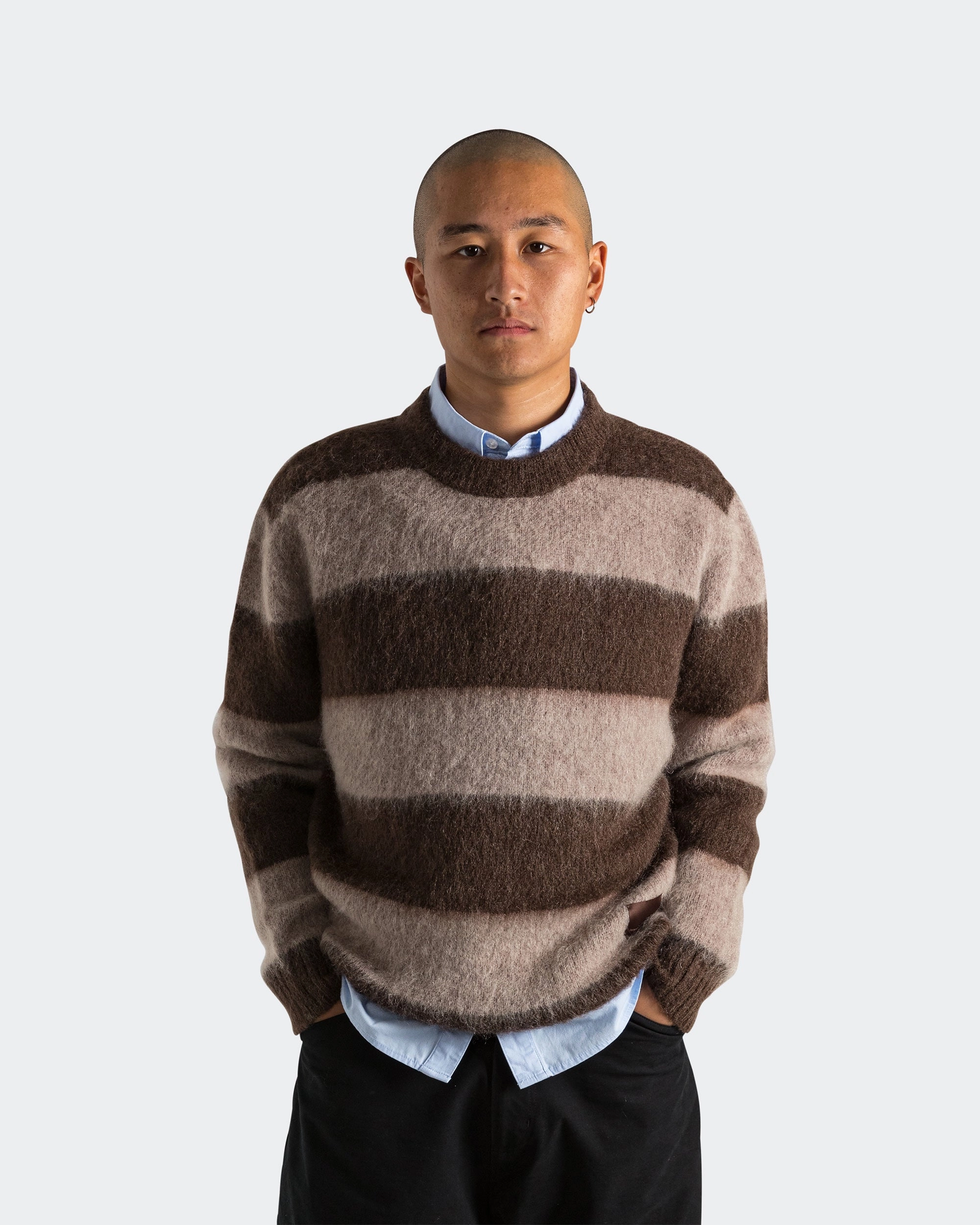 Wool Mohair Stripe Knit Sweater - Mocha Neutral Street Style Magnetic Closure Option
