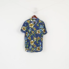 Mature Elegance Lightweight Layer Alcott & Co Men XXL Casual Shirt Blue Linen Cotton Aloha Hawaii Floral Short Sleeve Top