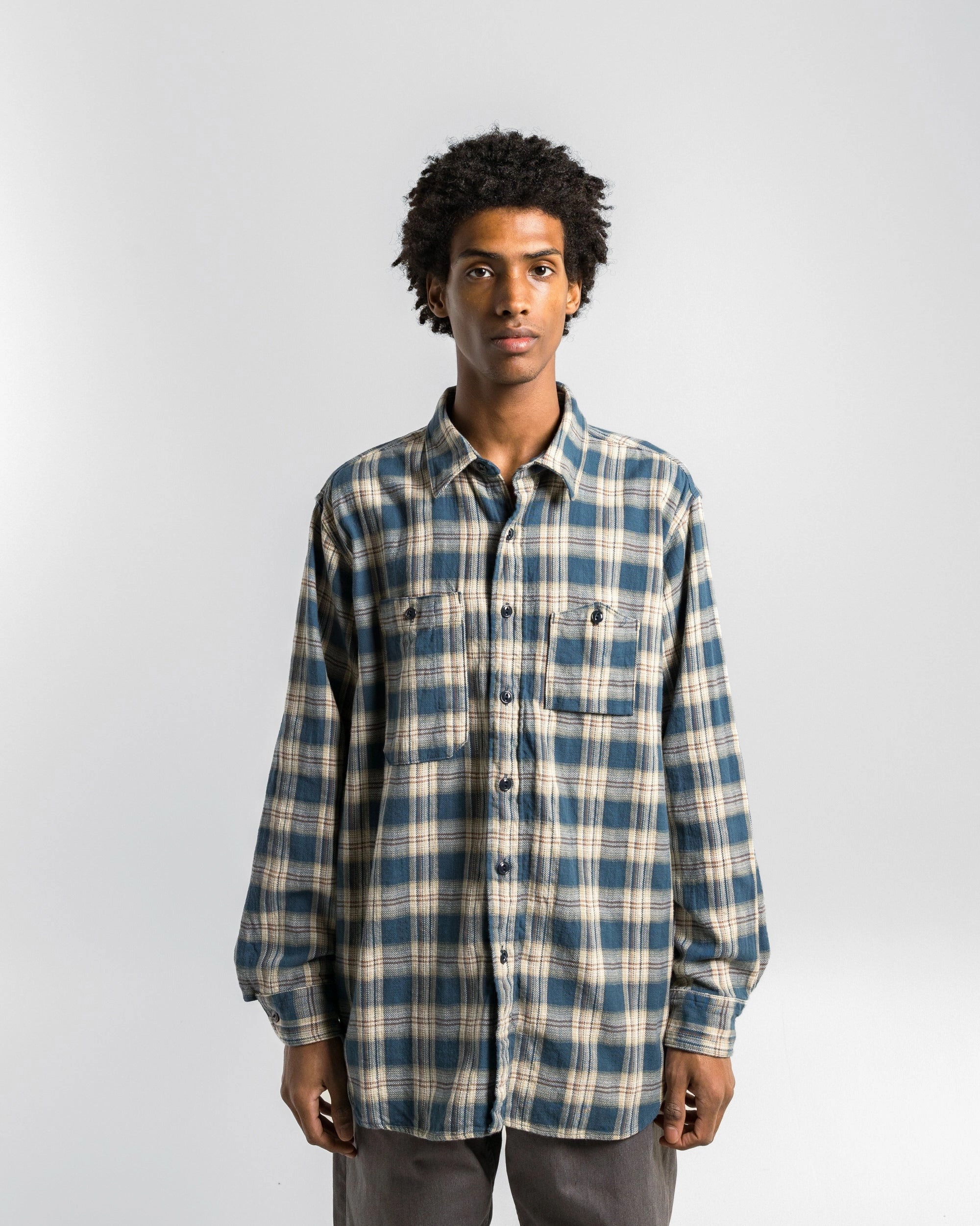 Work Shirt - Navy Cotton Plaid Jacquard Smooth Finish