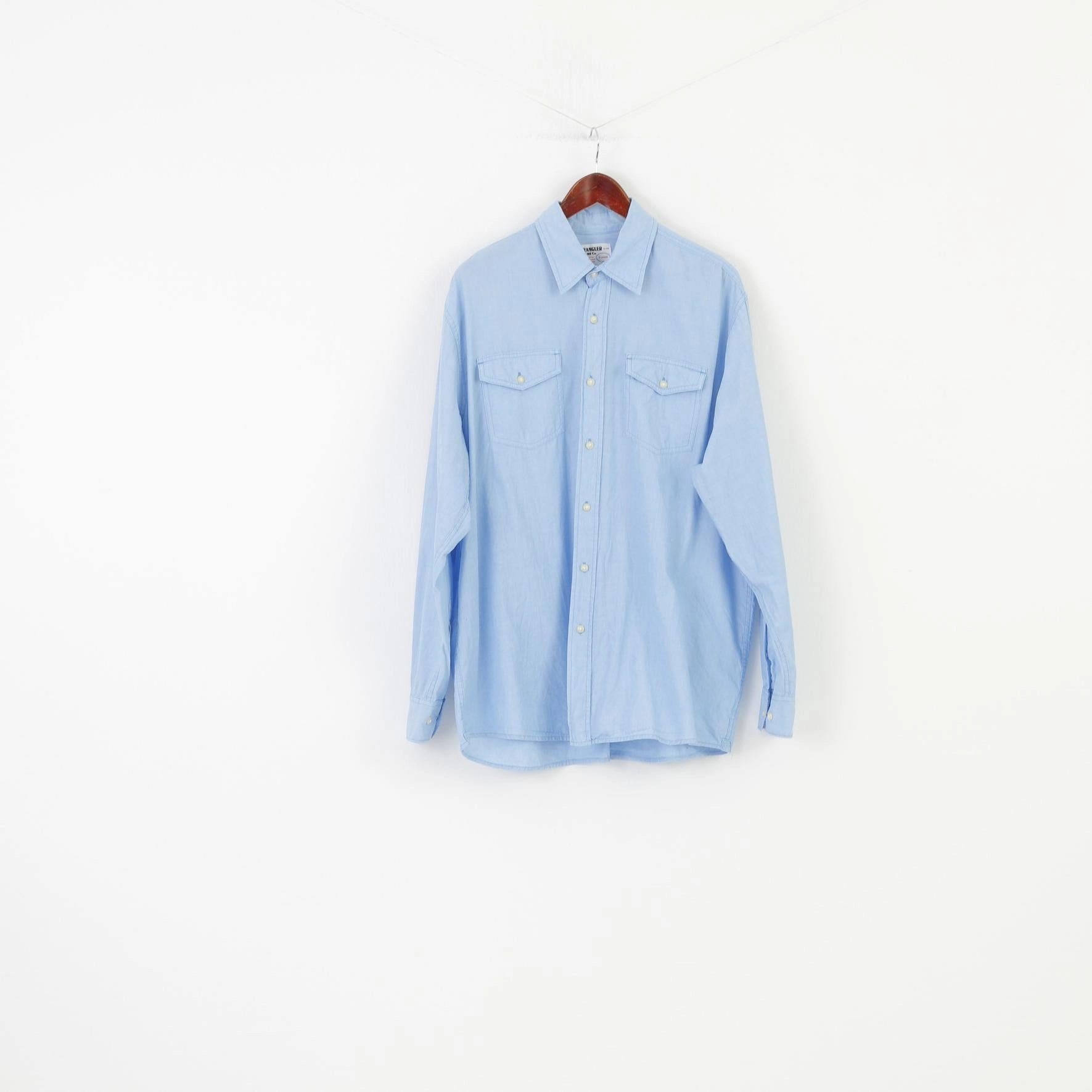 Wrangler Men XL Casual Shirt Blue Cotton Collar Long Sleeve Pockets Elegant Top Work Appropriate