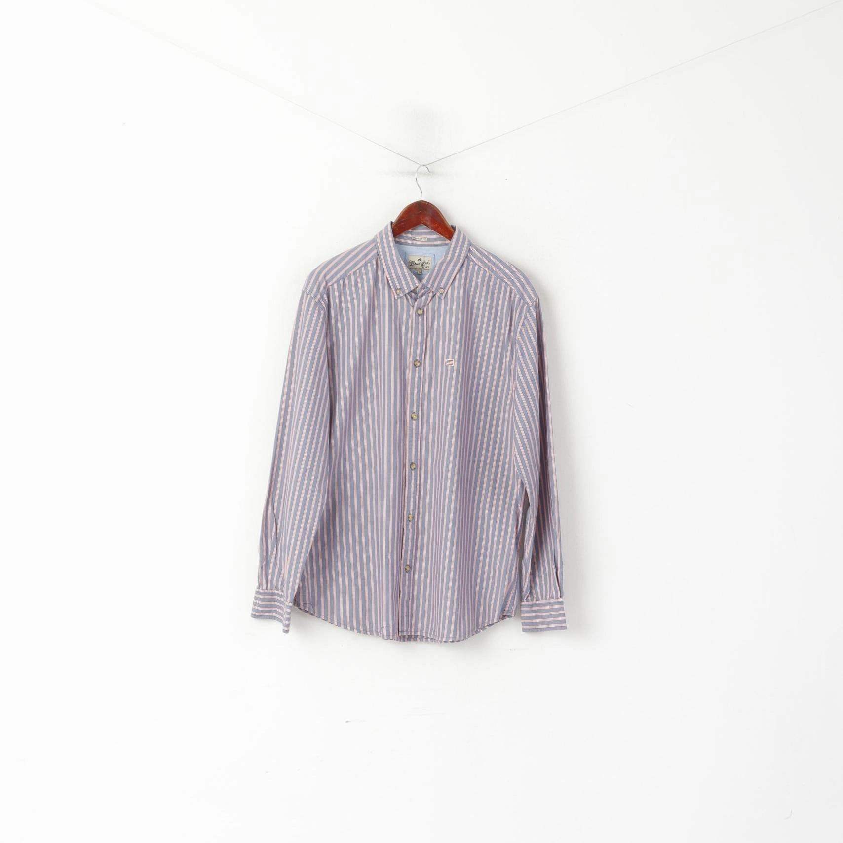 Wrangler Men XL Casual Shirt Blue Striped Cotton Regular Fit Vintage Long Sleeve Top Day-To-Night Wear