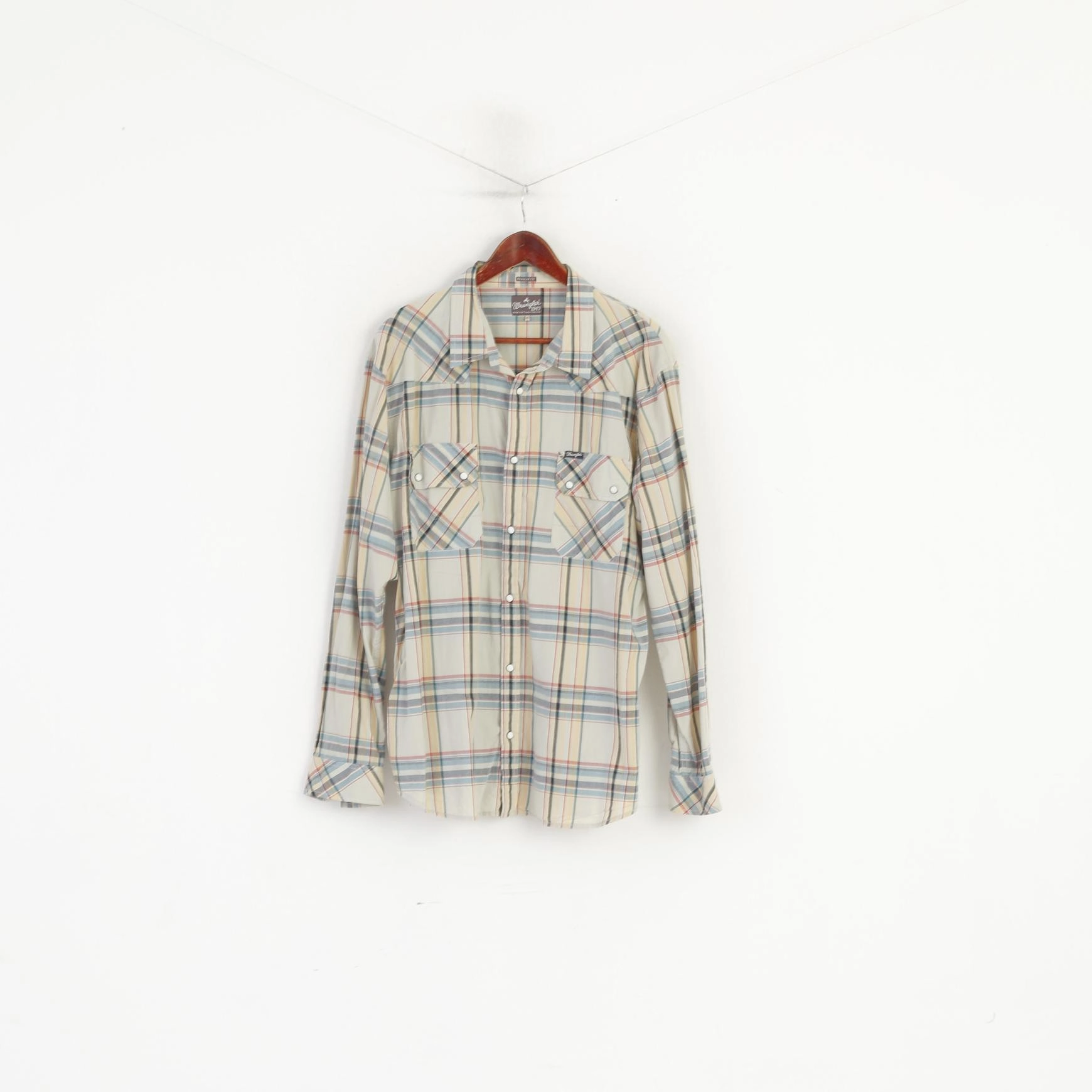 Professional Look Wrangler Men XXL Casual Shirt Beige Cotton Check Western Long Sleeve Top