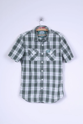 Superdry Mens M Casual Shirt Green Checkered Cotton Japan In Spirit Subtle patterns