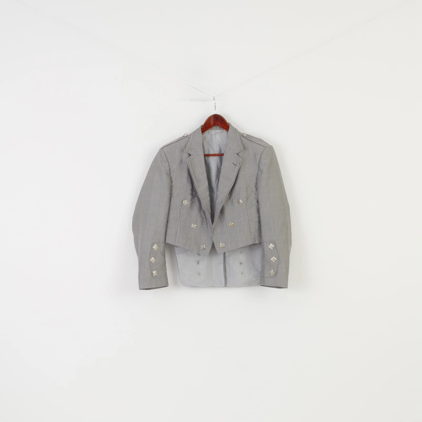 Work Comfort LaserCut Ventilation Zones Young's Men 40 S Jacket Grey Cropped Open Front Collar Silver Buttons Vintage Formal Blazer