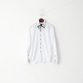 Yves Enzo Men M Casual Shirt White Cotton Slim Fit Black Buttons Long Sleeve Top Polished Placket Compact Packing