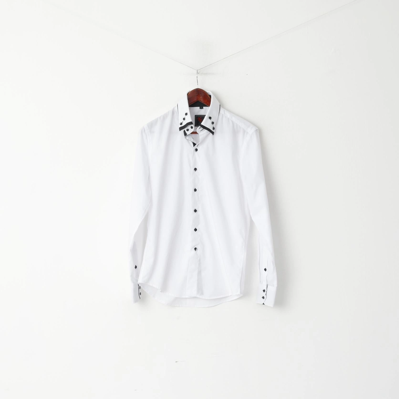 Yves Enzo Men M Casual Shirt White Cotton Slim Fit Black Buttons Long Sleeve Top Polished Placket Compact Packing