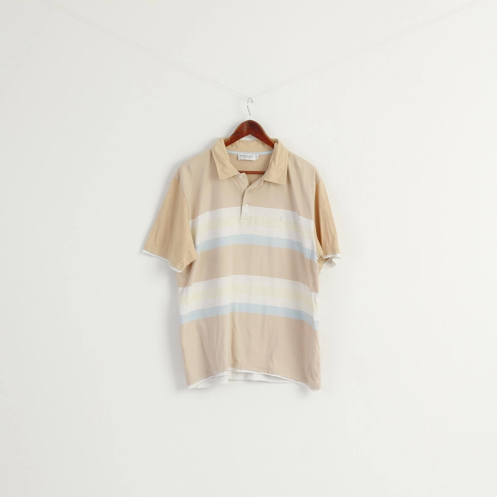 Yves Saint Laurent Men XXL Polo Shirt Beige Cotton Vintage Classit Detailed Buttons Top High-End Look
