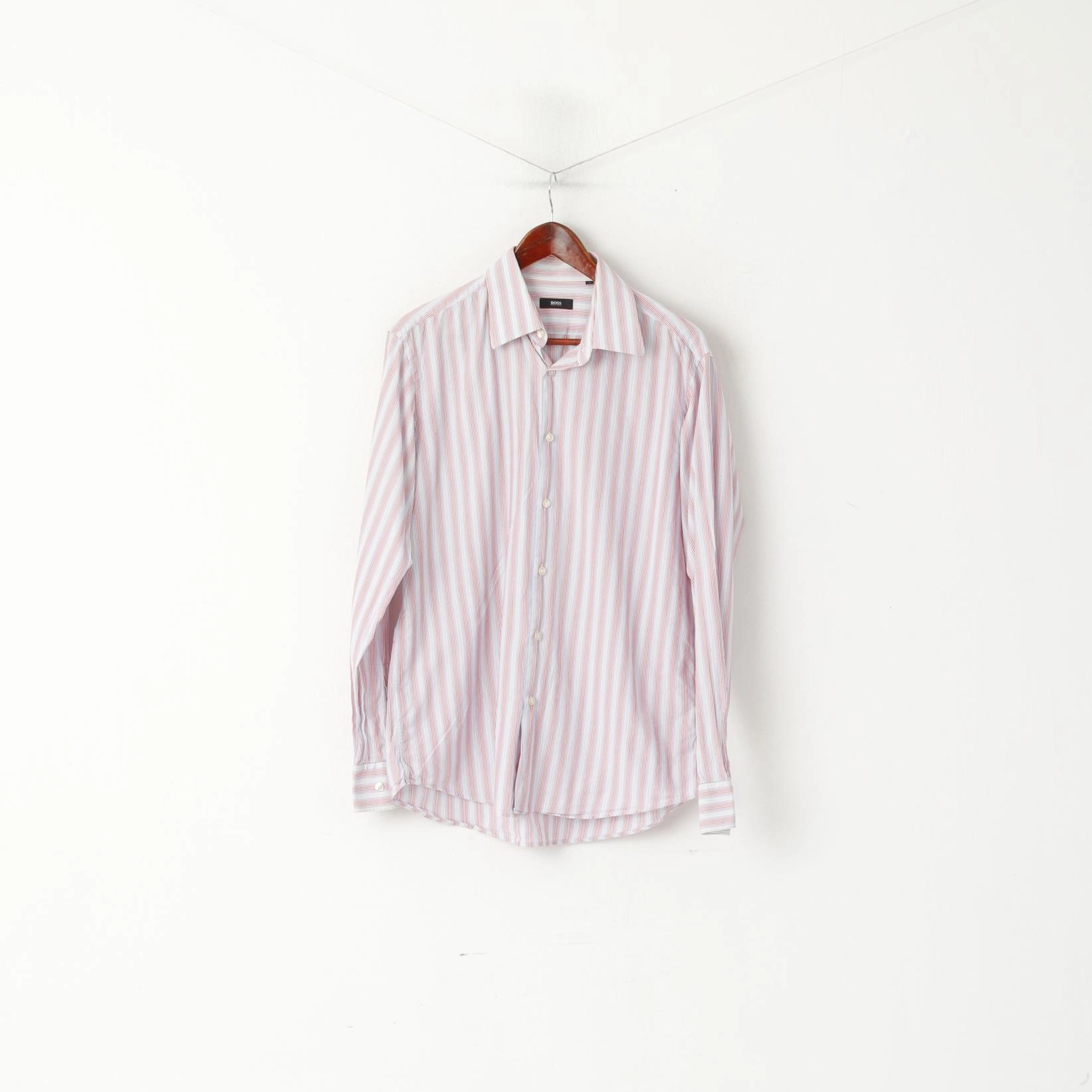 Hugo Boss Men 41 16 L Casual Shirt Blue Pink Striped Cotton Long Sleeve Top Versatile Style Graduation Attire