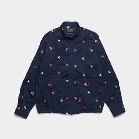 Zipper Blouson Embroidery On Print - Navy Non Bulky Insulation
